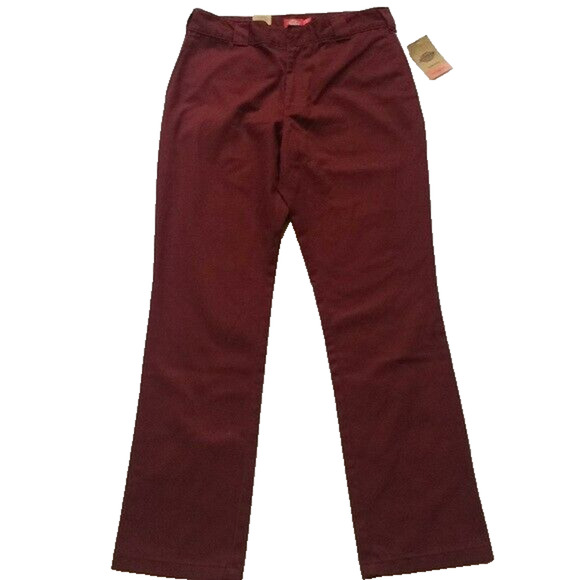 Dickies Straight Leg Juniors Flat Front Mid Rise Pants Size 11/30 Burgundy NWT - Picture 1 of 7